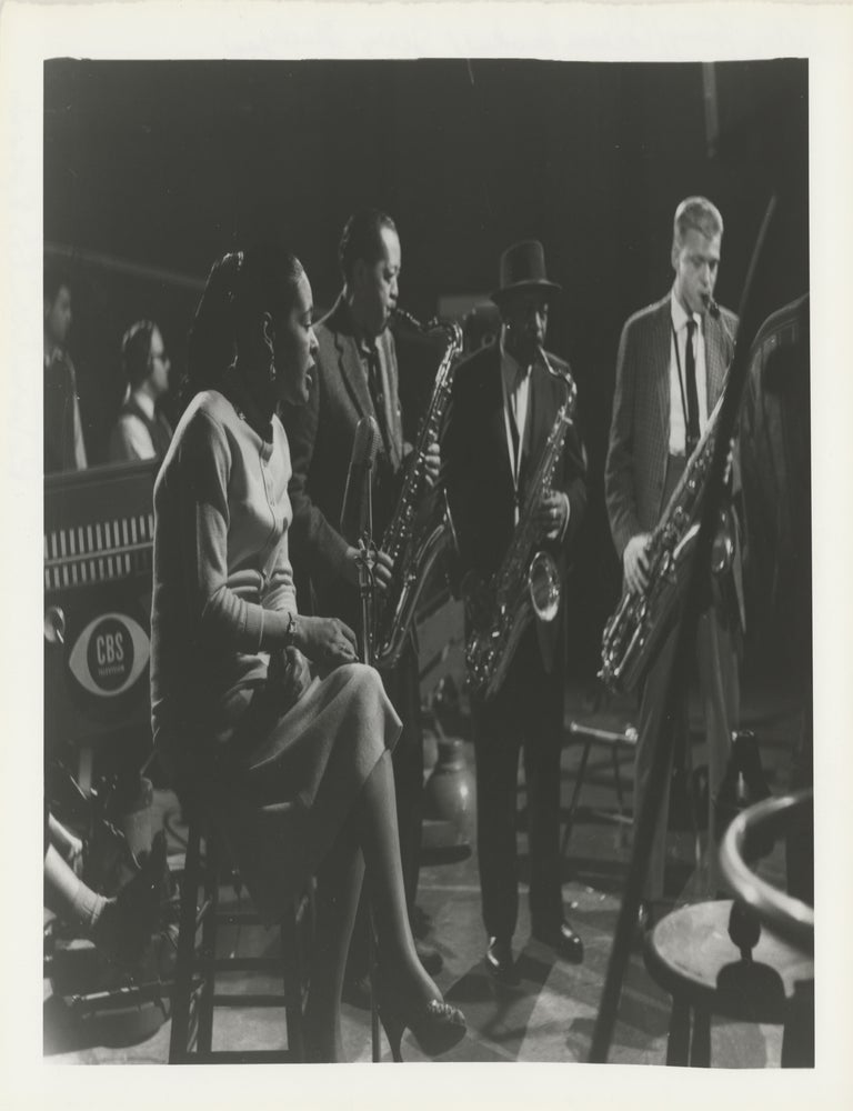 Book #148799] Original photograph of Billie Holiday, Lester Young, and Coleman Hawkins, 1957....