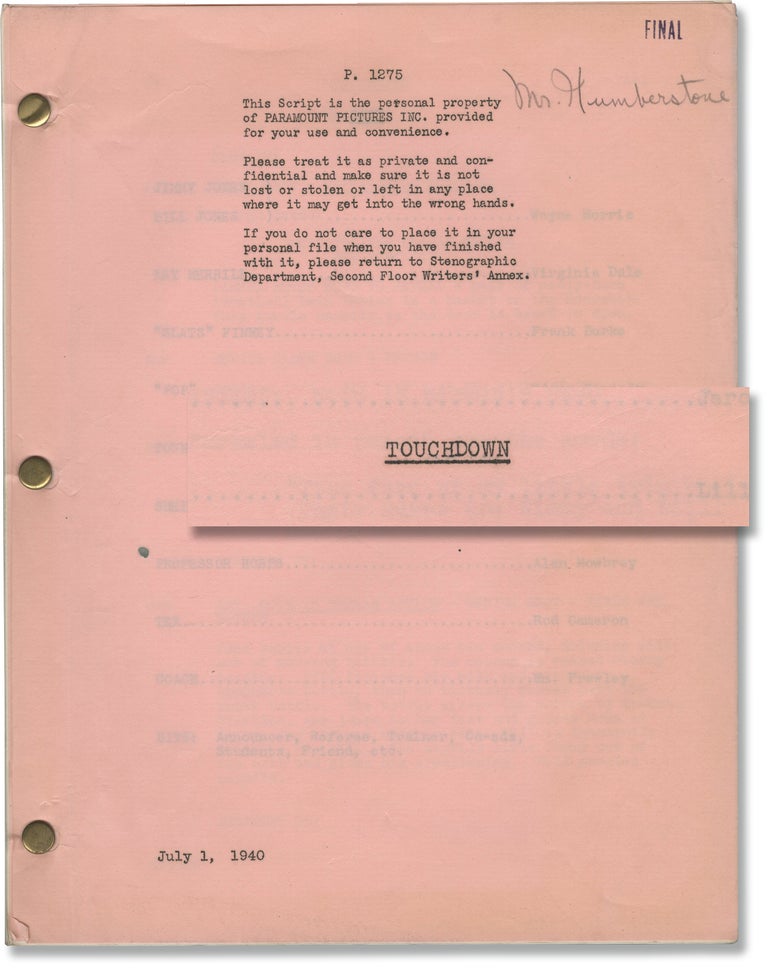 Book #149216] The Quarterback [Touchdown] (Original screenplay archive for the 1940 film, copy...