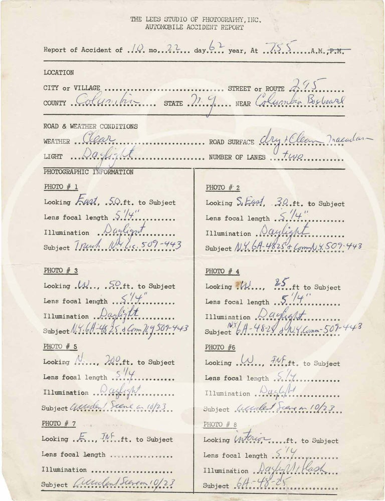 Archive of 48 original photographs of car accident scenes, 1961-1968