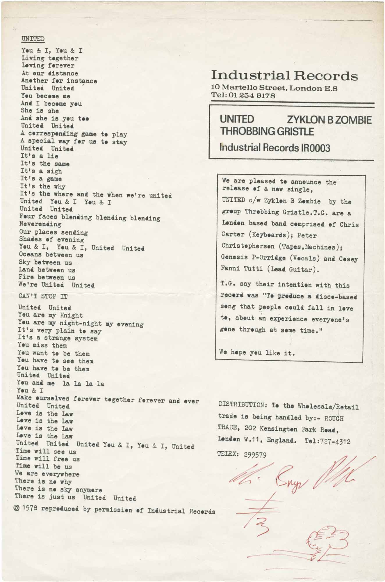 Original flyer for the release of United b/w Zyklon B Zombie, signed by  Genesis P-Orridge by Genesis P-Orridge, Throbbing Gristle on Royal Books