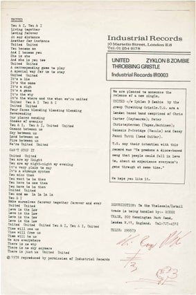 Book #149614] Original flyer for the release of United b/w Zyklon B Zombie, signed by Genesis...