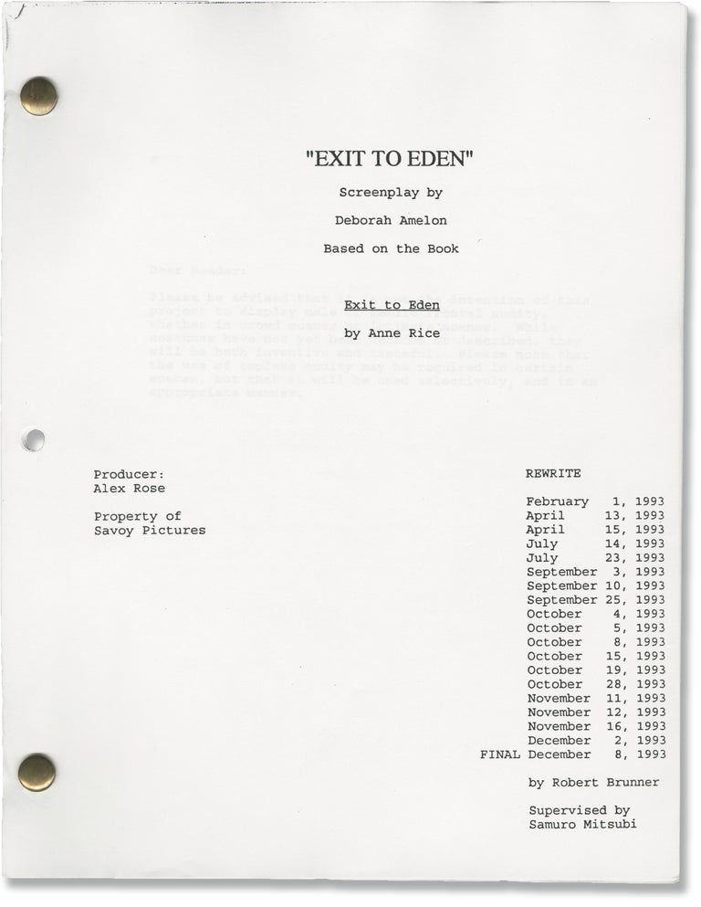 Book #149996] Exit to Eden (Original screenplay for the 1994 film). Anne Rice, Garry Marshall,...