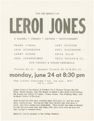 Book #150130] For the Benefit of Leroi Jones (Original flyer for a concert, 1963). Leroi Jones