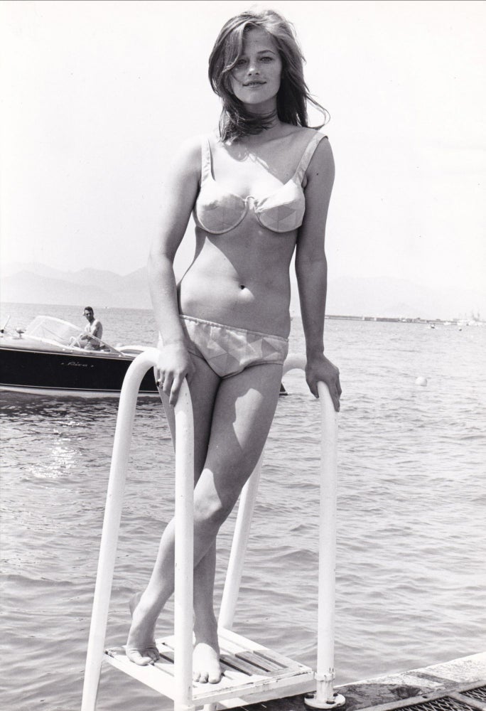 [Book #150148] Original photograph of Charlotte Rampling in swimsuit, Cannes, France, May 15, 1965. Charlotte Rampling, subject.