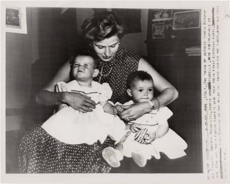 Book #150361] Original press soundphoto (wire photo) of Ingrid Bergman with twin daughters,...