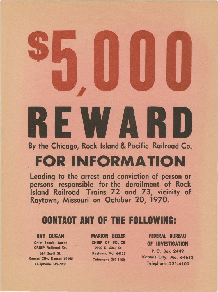 [Book #151354] Archive of 32 photographs and a reward poster for a train accident in Raytown, Missouri, 1970. Missouriana, Train accidents, Rock Island Railroad, Pacific Railroad.