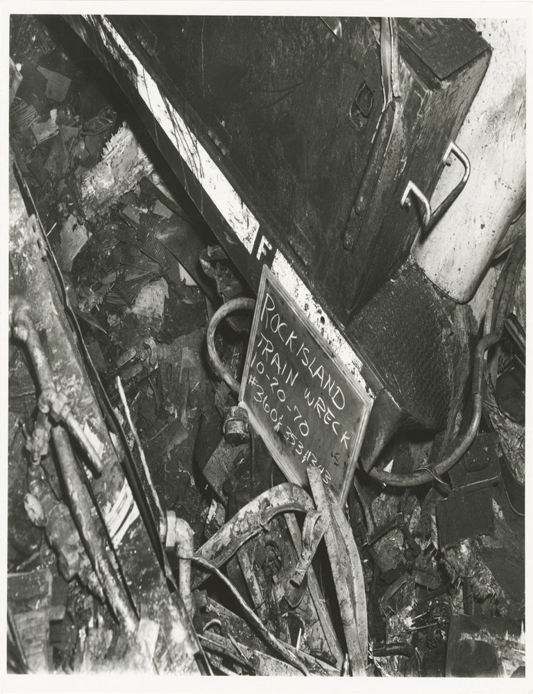 Archive of 32 photographs and a reward poster for a train accident in Raytown, Missouri, 1970