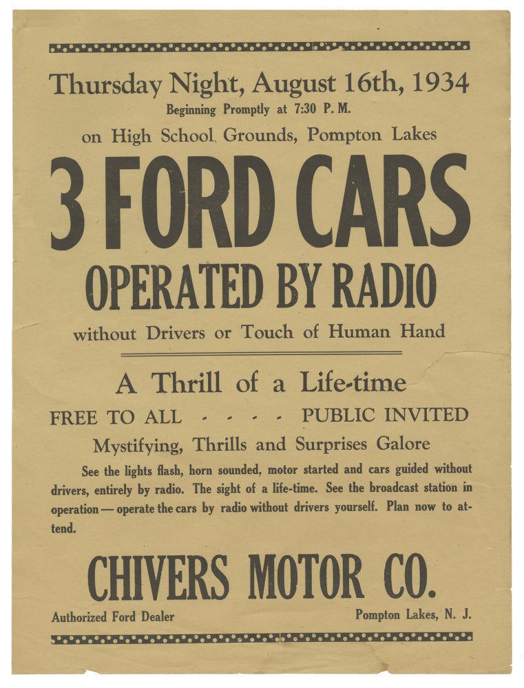 [Book #151365] Original flyer for a remote radio-controlled Ford Motors automobile event, 1934. Automobiles.