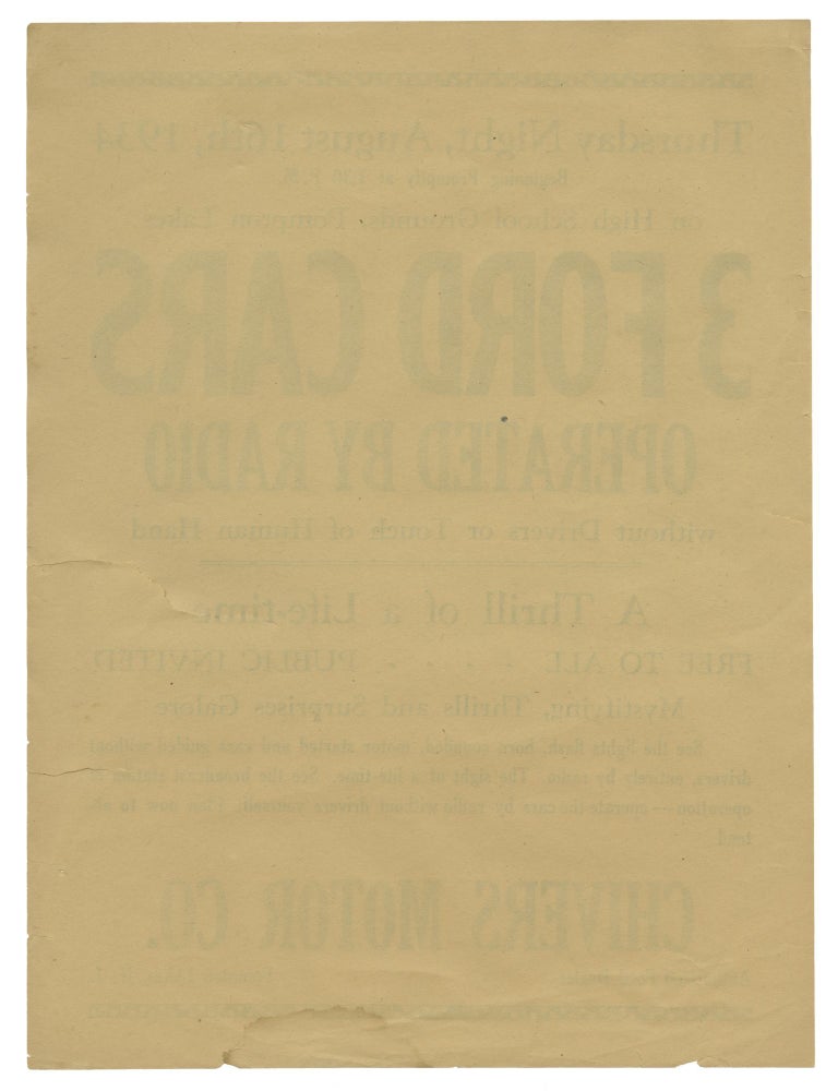 Original flyer for a remote radio-controlled Ford Motors automobile event, 1934