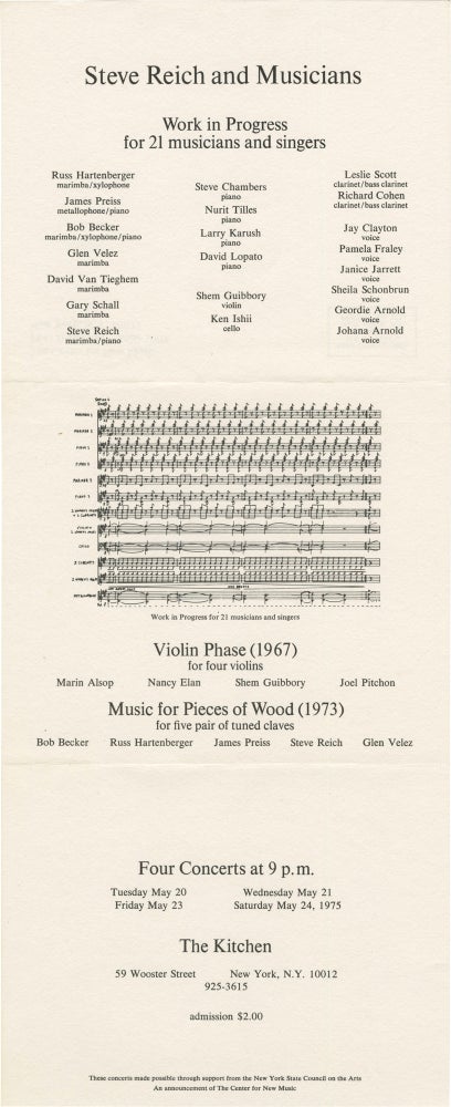 [Book #151532] Original invitation for Steve Reich and Musicians, Four Concerts, May 20, 21, 23, 24, 1975: Work in Progress for 21 musicians and singers (1975), Violin Phase (1967), Music for Pieces of Wood. Steve Reich, performer composer.