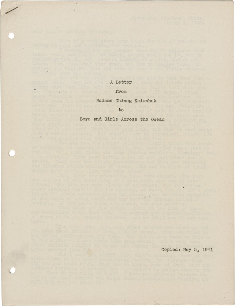 Book #151551] A Letter from Madame Chiang Kai-shek to Boys and Girls Across the Ocean. Madame...
