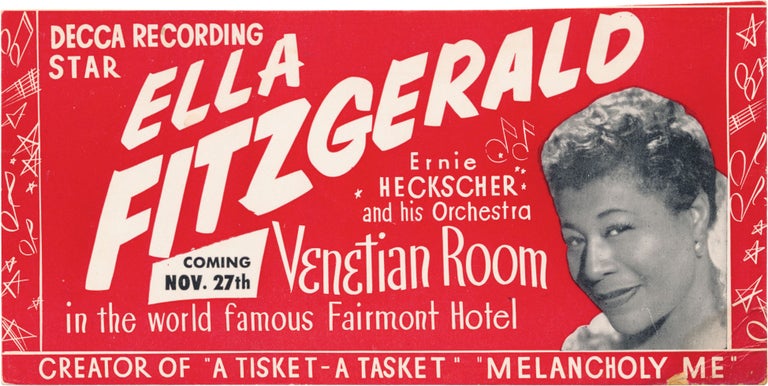[Book #151637] Collection of ten original promotional cards advertising performances at the Venetian Room at the Fairmont Hotel in Dallas, 1960s. Diahann Carroll Eartha Kitt Cab Calloway, Dorothy Dandridge, Sammy Davis Jr., Billy Eckstine, Nat King Cole, Mills Brothers, Ella Fitzgerald, subjects.