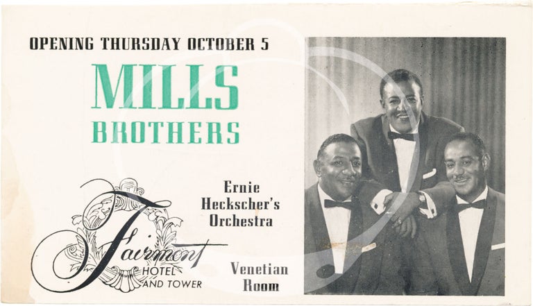 Collection of ten original promotional cards advertising performances at the Venetian Room at the Fairmont Hotel in San Francisco, 1957-