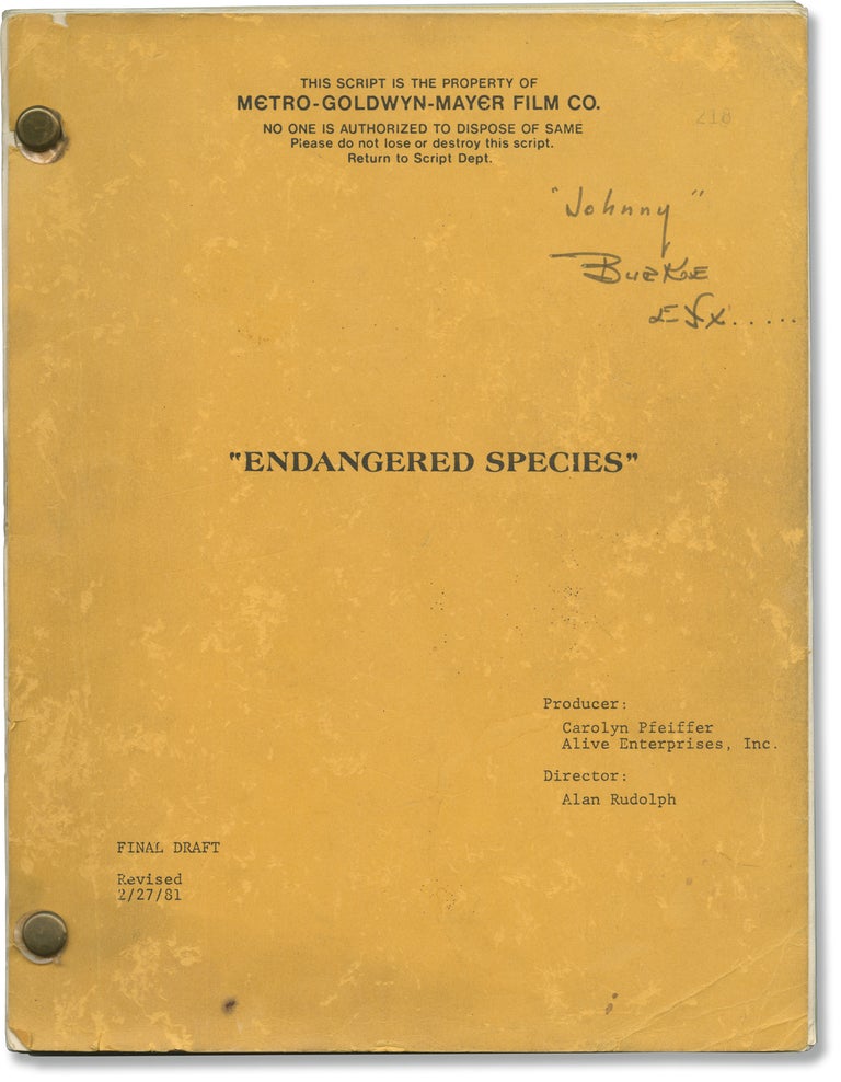 Book #152296] Endangered Species (Original screenplay for the 1982 film). Alan Rudolph, JoBeth...