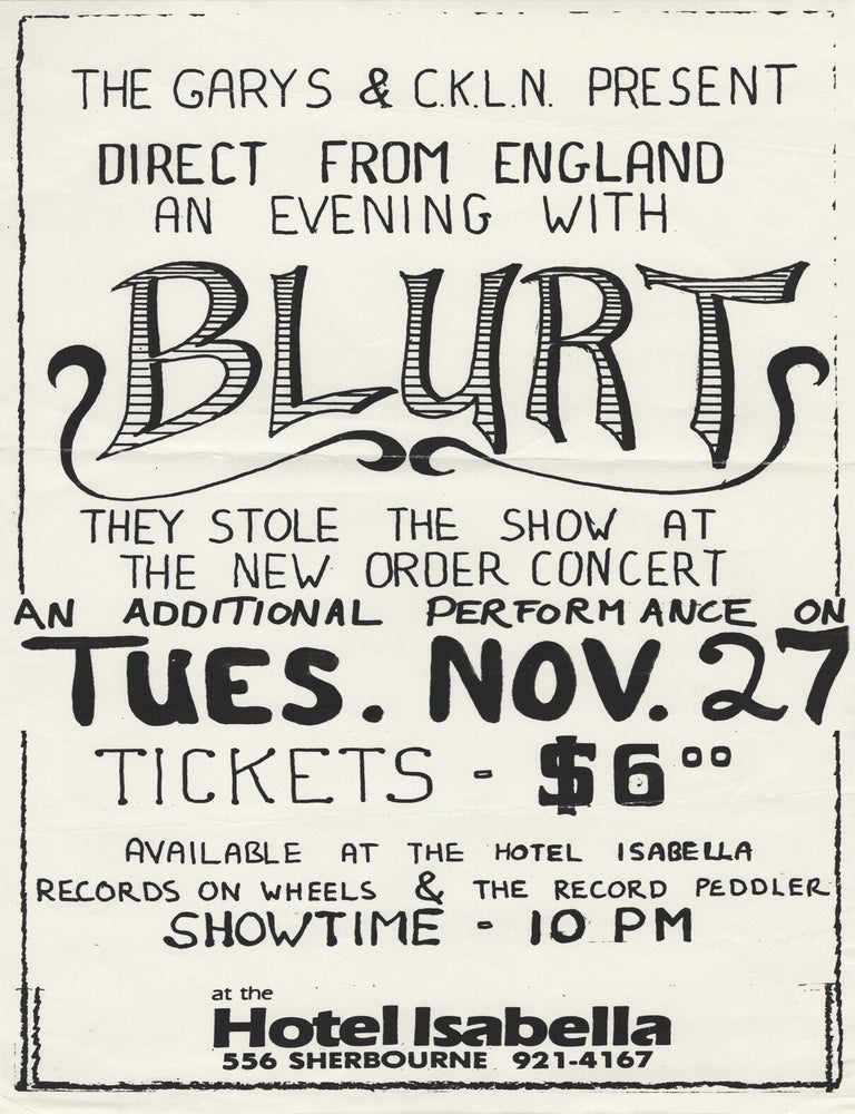 An Evening with Blurt (Original flyer for a performance at the Hotel Isabella, circa 1980s