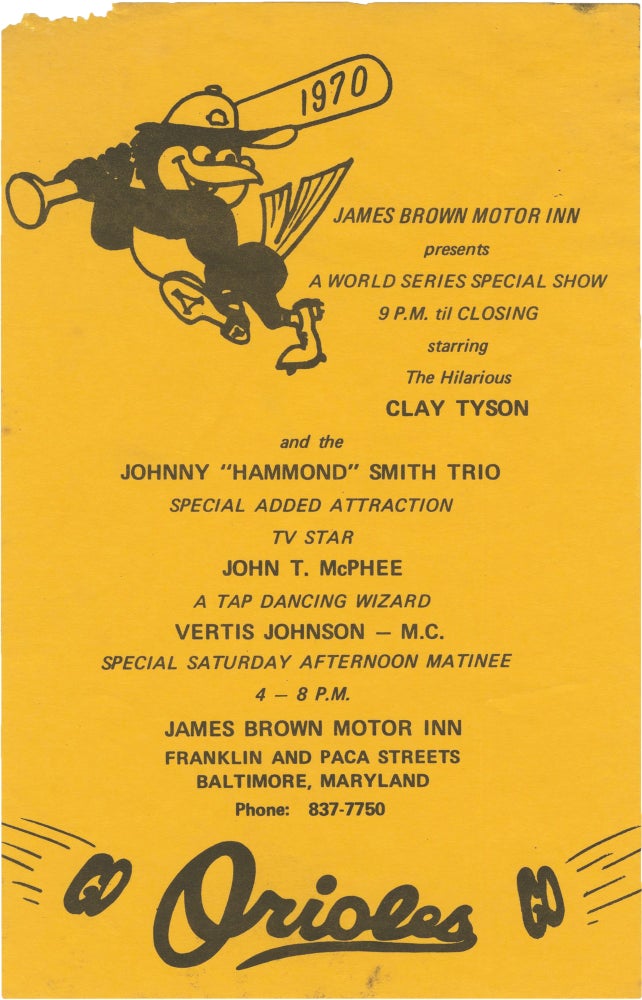 [Book #153612] Original flyer for a concert at the James Brown Motor Inn, Baltimore, 1970. African American.