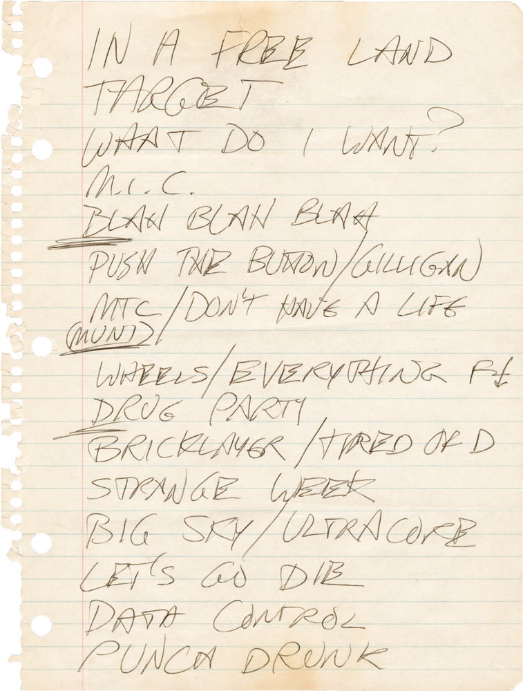 [Book #154405] Original Hüsker Dü setlist, handwritten by Bob Mould, from the June 16, 1982 concert at the On Broadway Theatre in San Francisco. Punk Music, Hüsker Dü.