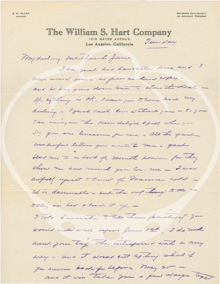 Archive of 41 original autograph letters from silent film actor William S. Hart to actress Jane Novak, 1921