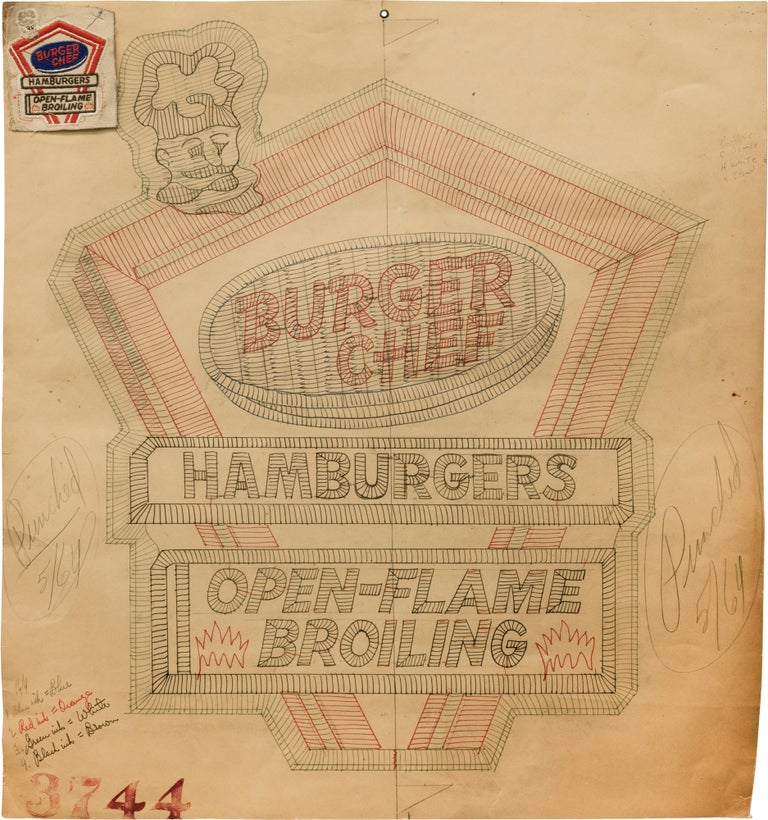 [Book #154557] Original design illustration for an embroidered patch worn by Burger Chef employees, circa 1950s. Americana, Design, Fast Food.