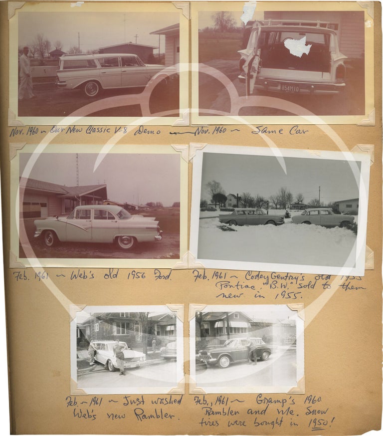 Original vernacular photograph album documenting the vehicle ownership history of Greg Wildrick of Peru, Indiana, 1955-1966