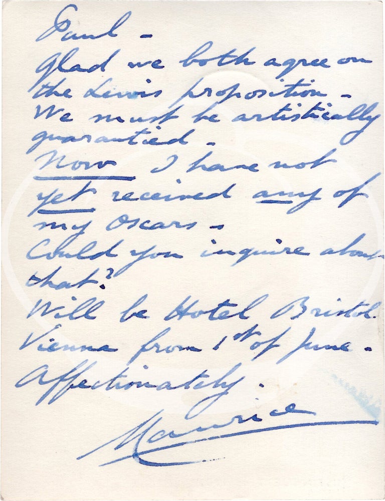Original photograph of Mistinguett, with a brief note from Maurice Chevalier on the verso