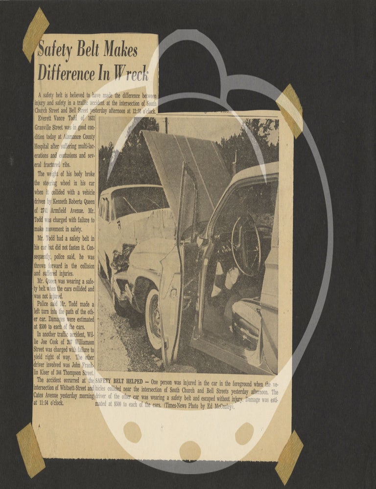 Archive of photographs, newspaper clippings, and ephemera regarding automobiles and automobile accidents, 1963-1966