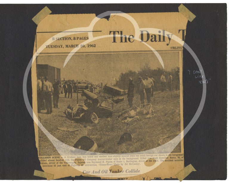 Archive of photographs, newspaper clippings, and ephemera regarding automobiles and automobile accidents, 1963-1966