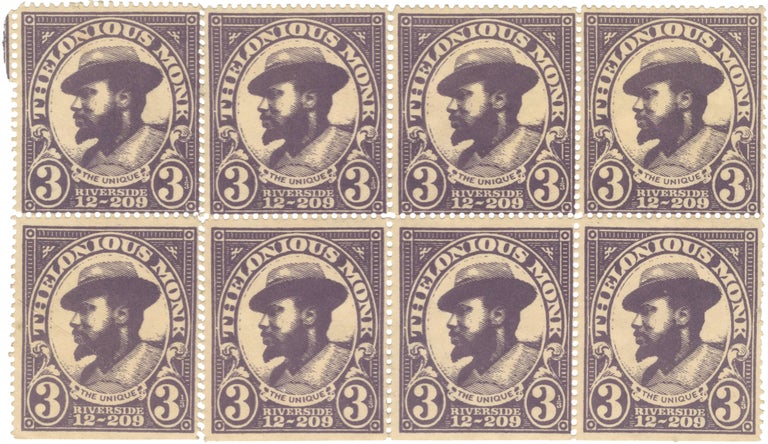 [Book #155209] Original plate of eight faux postage stamps printed to advertise "The Unique Thelonious Monk" for Riverside Records. African American Interest, Harris Lewine, designer, Jazz, Thelonious Monk.