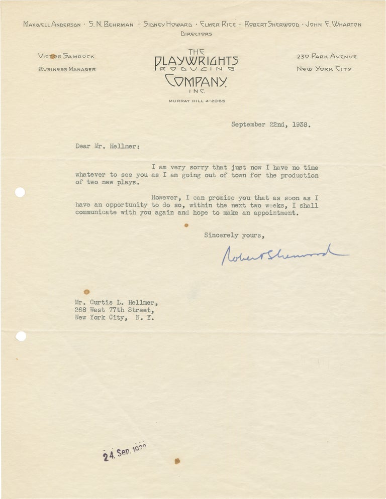Book #155554] Original typed letter signed from Robert Sherwood to Curtis L. Hellmer, presumably...