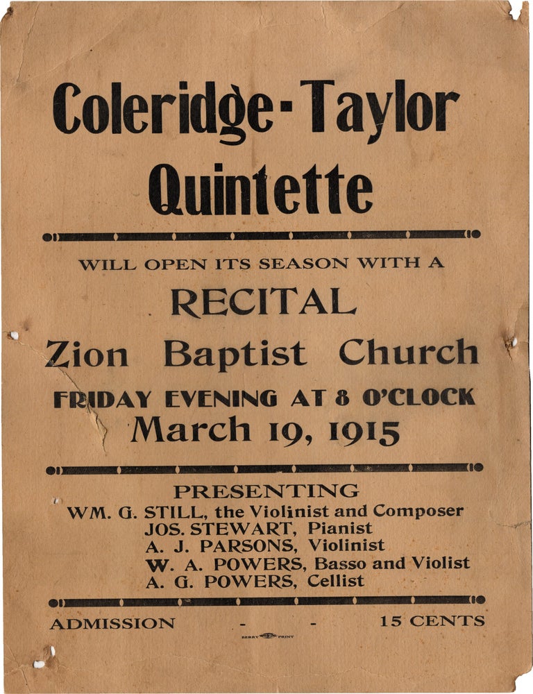 Book #155662] Original broadside for a performance by the Coleridge-Taylor Quintette [Quintet] at...