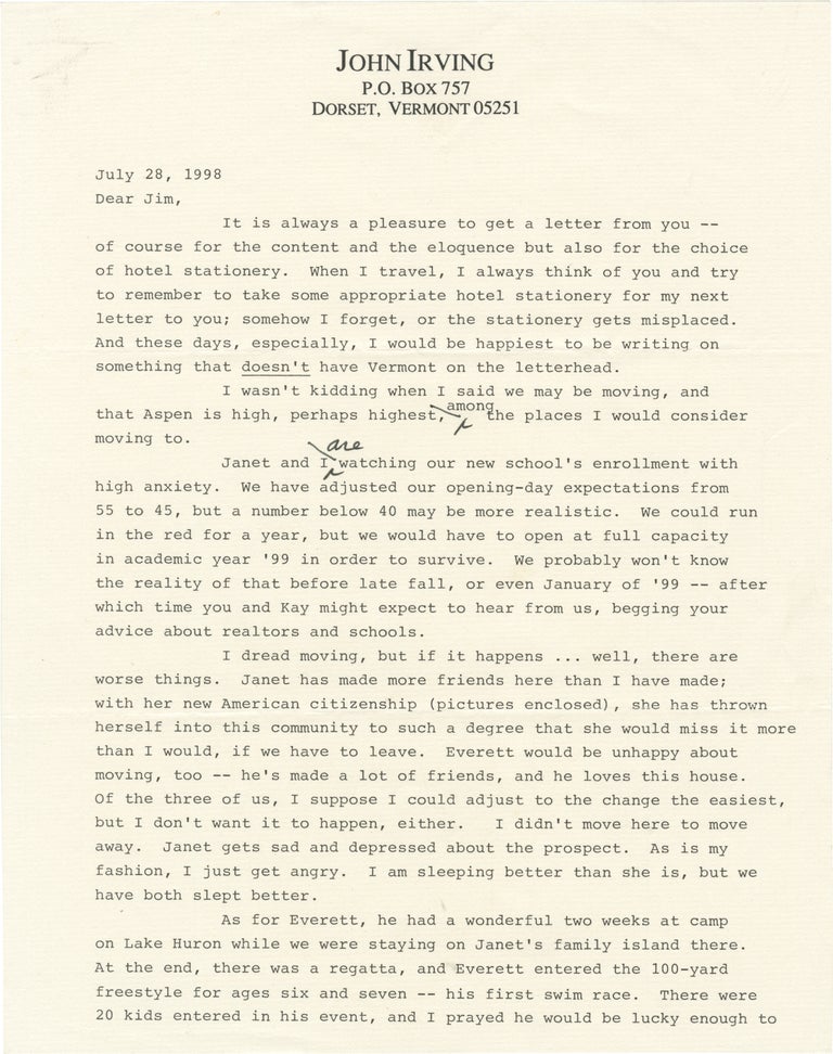 Book #157030] Original three-page typed letter signed from John Irving to James Salter, 1998....