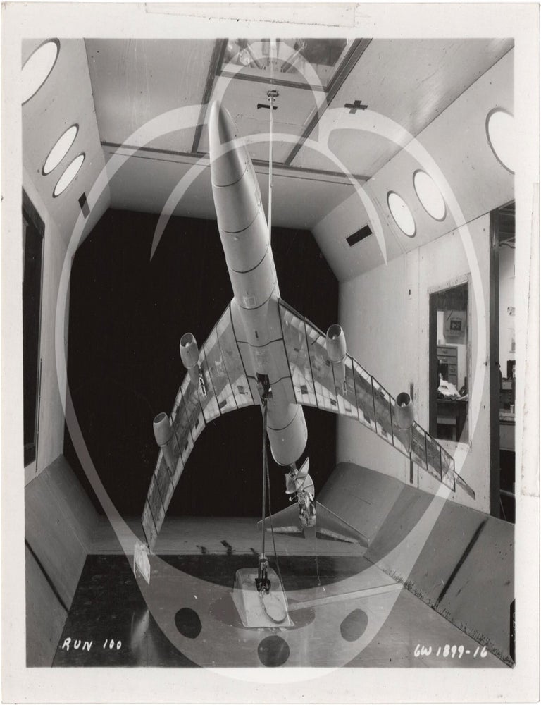 Archive of 46 original vernacular photographs of a model airliner in wind tunnel tests