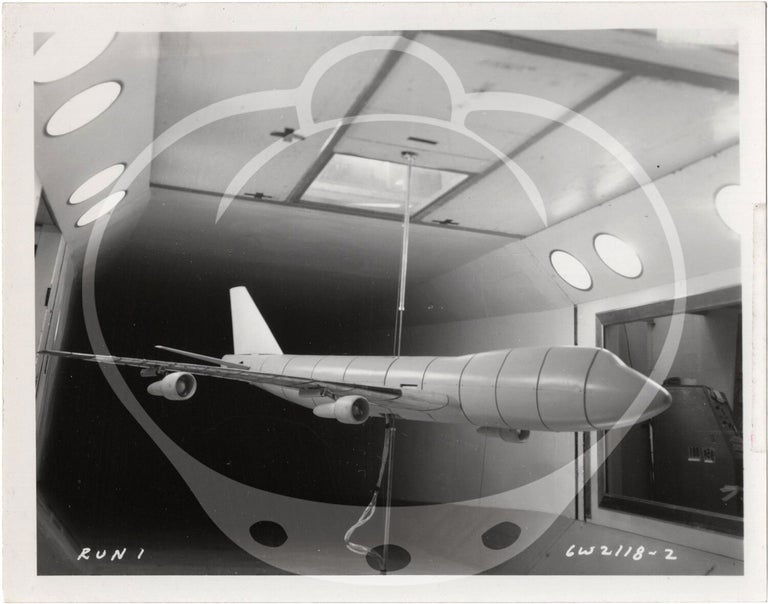 Archive of 46 original vernacular photographs of a model airliner in wind tunnel tests