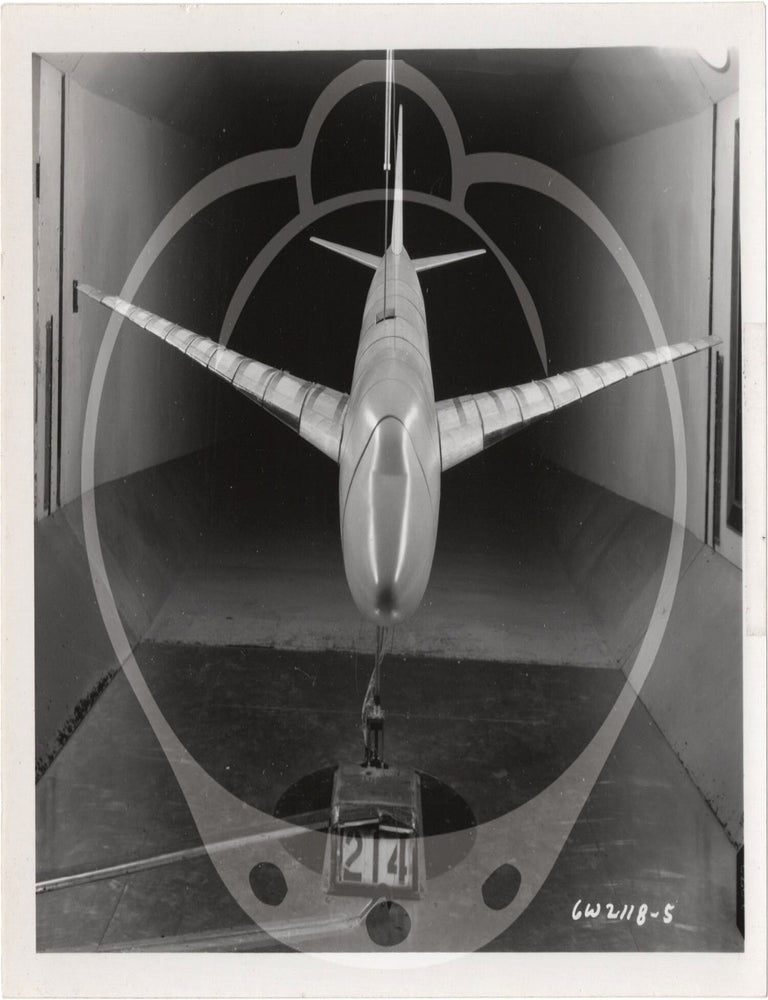 Archive of 46 original vernacular photographs of a model airliner in wind tunnel tests