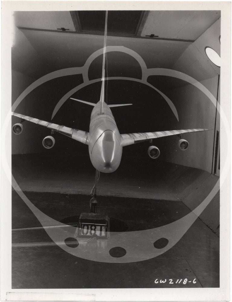 Archive of 46 original vernacular photographs of a model airliner in wind tunnel tests