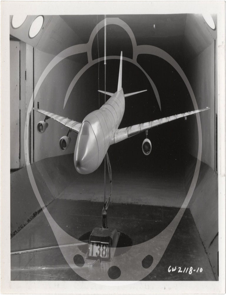 Archive of 46 original vernacular photographs of a model airliner in wind tunnel tests