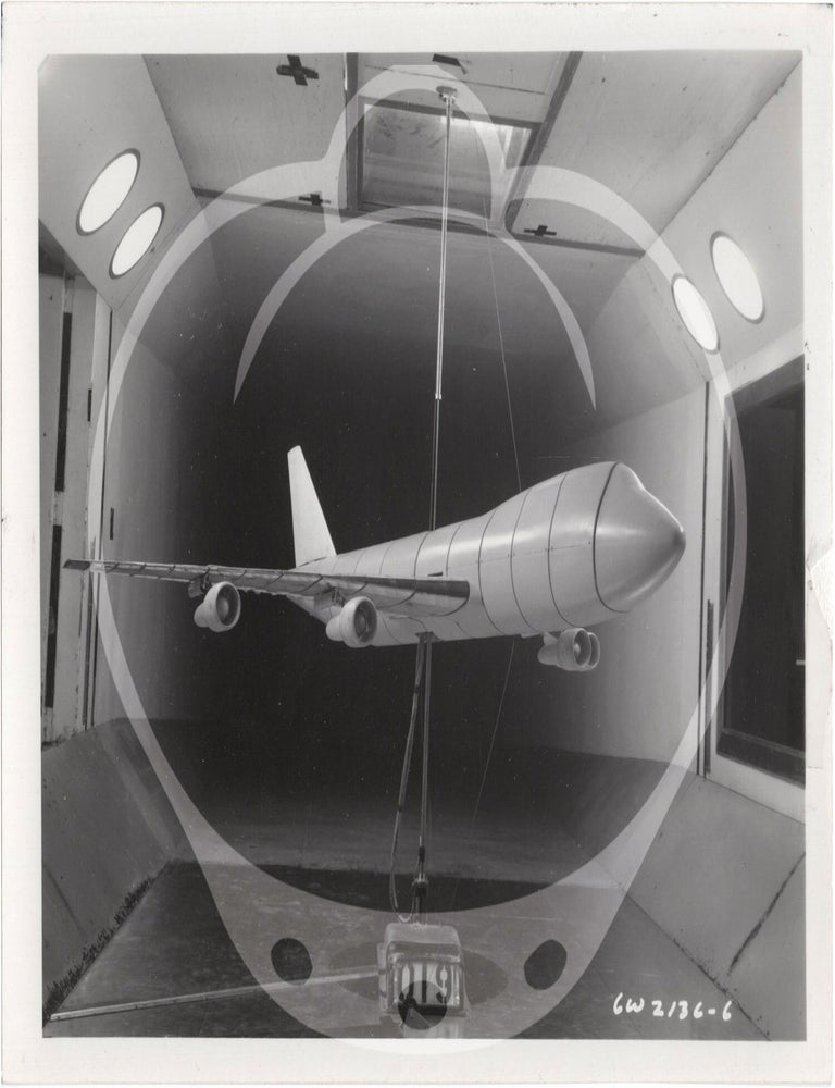 Archive of 46 original vernacular photographs of a model airliner in wind tunnel tests