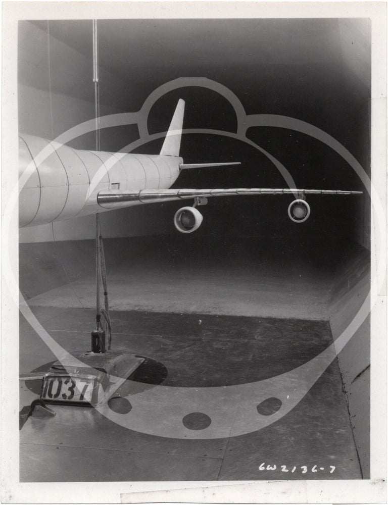 Archive of 46 original vernacular photographs of a model airliner in wind tunnel tests