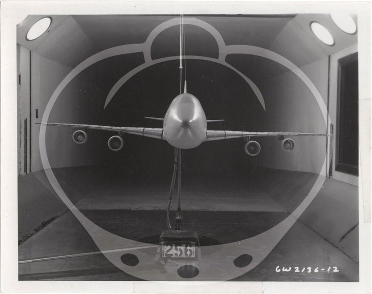 Archive of 46 original vernacular photographs of a model airliner in wind tunnel tests