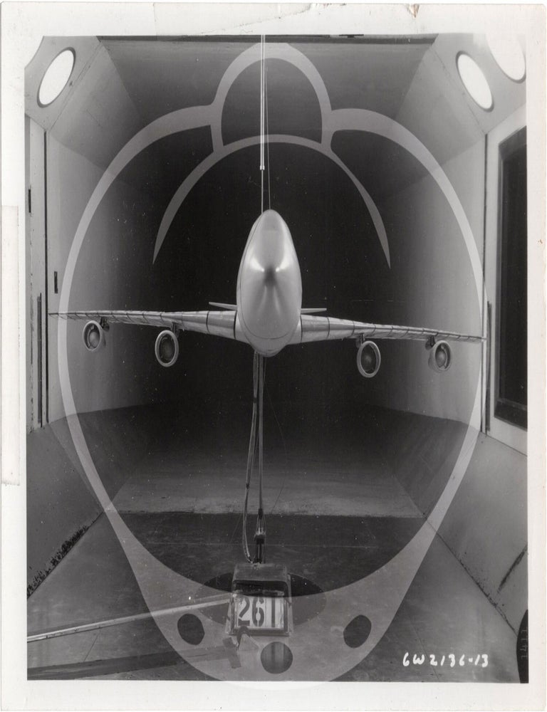 Archive of 46 original vernacular photographs of a model airliner in wind tunnel tests