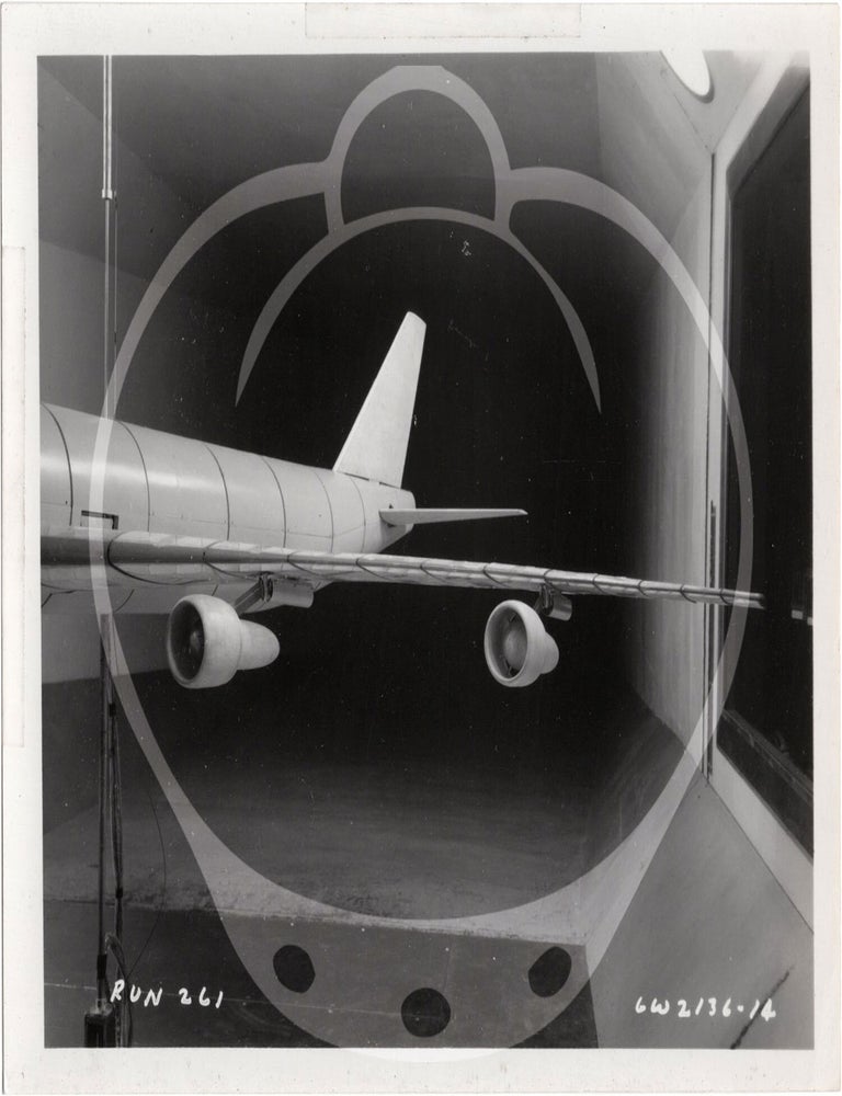 Archive of 46 original vernacular photographs of a model airliner in wind tunnel tests