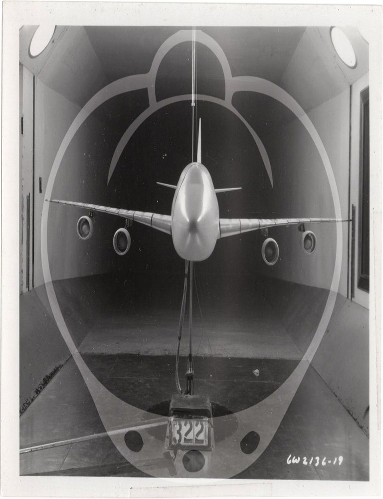 Archive of 46 original vernacular photographs of a model airliner in wind tunnel tests