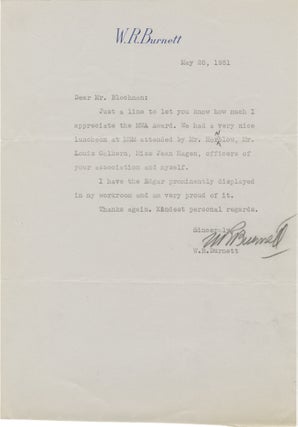 Book #157374] Original typed letter signed from W.R. Burnett to Lawrence Blochman. W R. Burnett