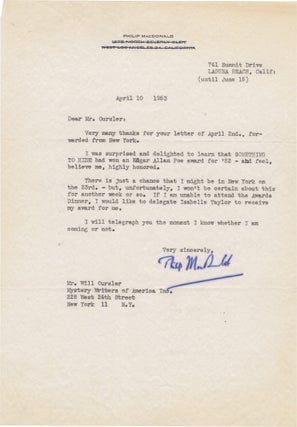 Book #157377] Original typed letter signed from Philip MacDonald to Will Oursler. Philip MacDonald