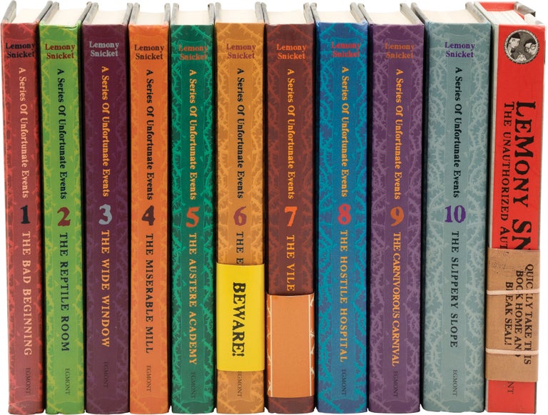 [Book #158099] A Series of Unfortunate Events: Volumes 1 to 10 and The Unauthorized Biography (First UK Editions, Signed) The Bad Beginning, The Reptile Room, The Wide Window, The Miserable Mill, The Austere Academy, The Ersatz Elevator, The Vile Village, The Hostile Hospital, The Carnivorous Carnival, The Slippery Slope and The Unauthorized Autobiography. Daniel Handler, Lemony Snicket, Brett Helquist.