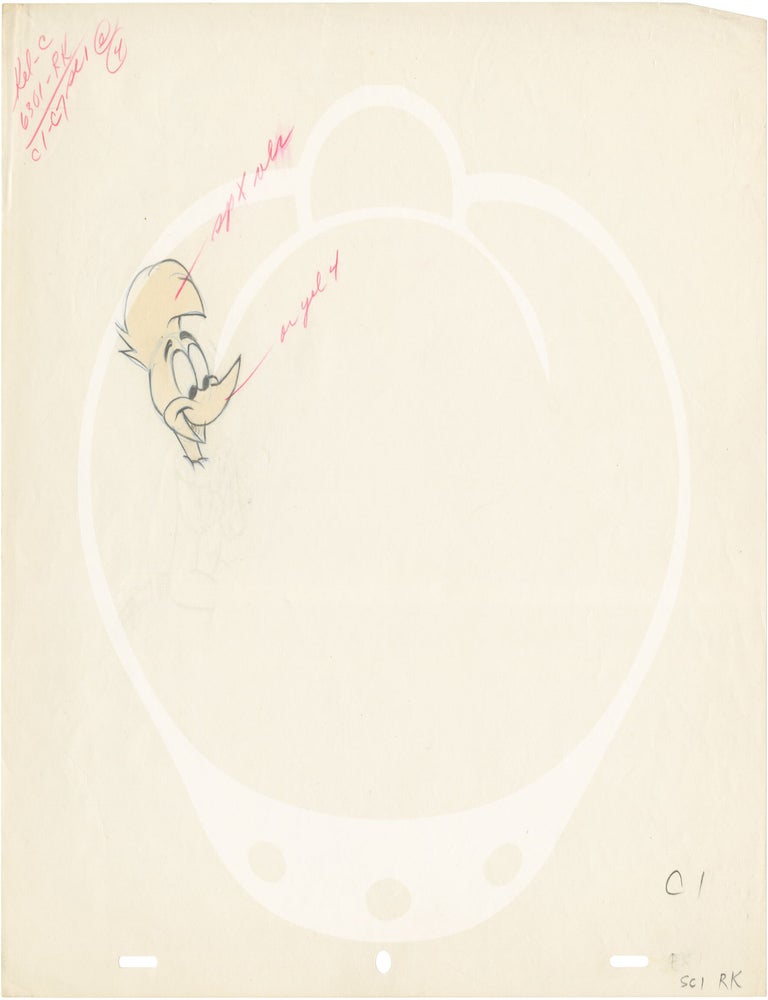 Five original sketches and one original cel of Woody Woodpecker and Buzz Buzzard