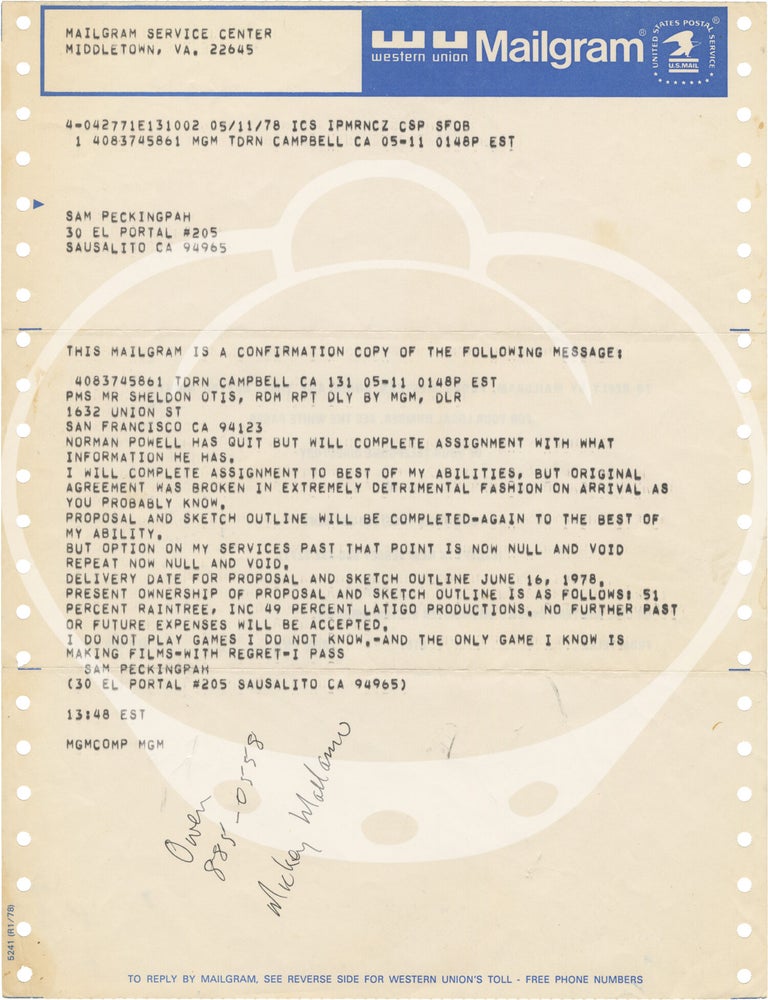 Archive of correspondences, notes, forms, and other documents to and from Sam Peckinpah, circa 1970-1979