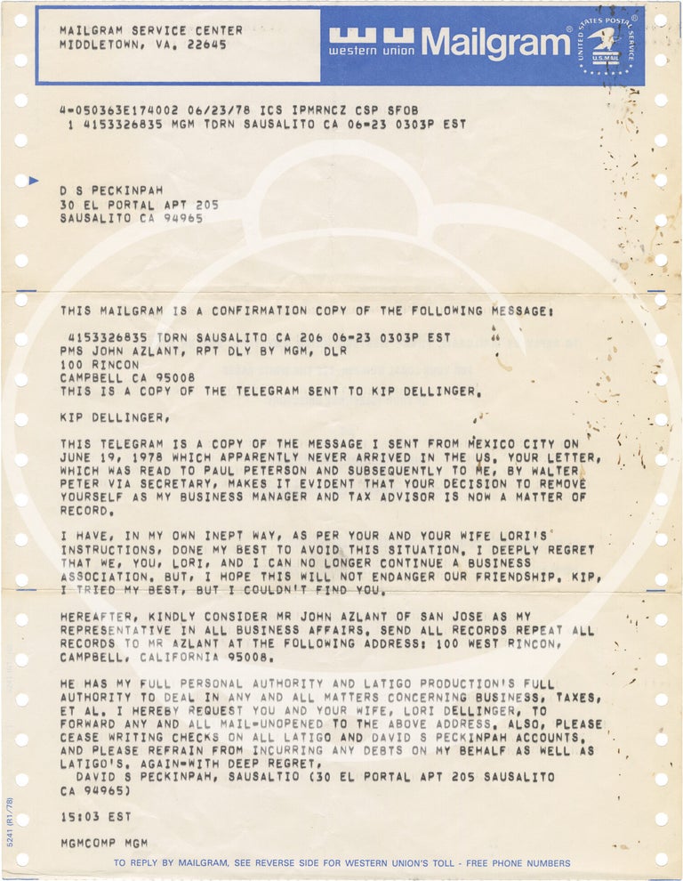 Archive of correspondences, notes, forms, and other documents to and from Sam Peckinpah, circa 1970-1979