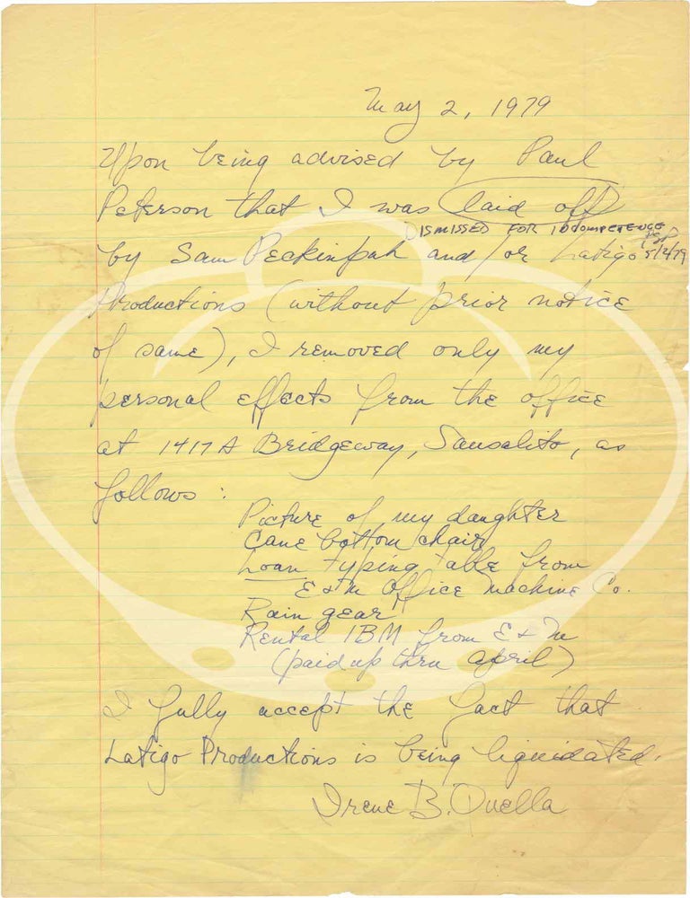 Archive of correspondences, notes, forms, and other documents to and from Sam Peckinpah, circa 1970-1979