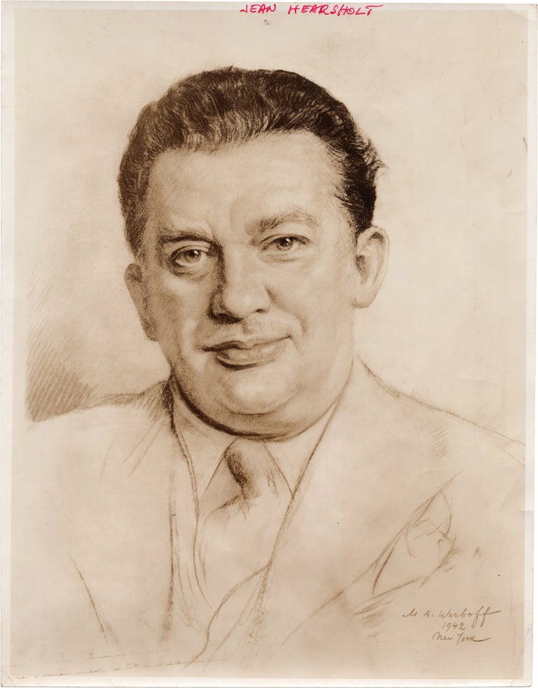 [Book #158548] Original photographic print of a portrait sketch of actor Jean Hersholt in 1942. Jean Hersholt, Michael Alexander Werboff, subject, artist, M A.